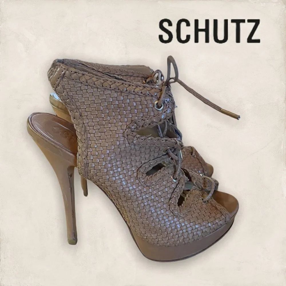 Schutz Woven Leather Gladiator Platform Heels 7